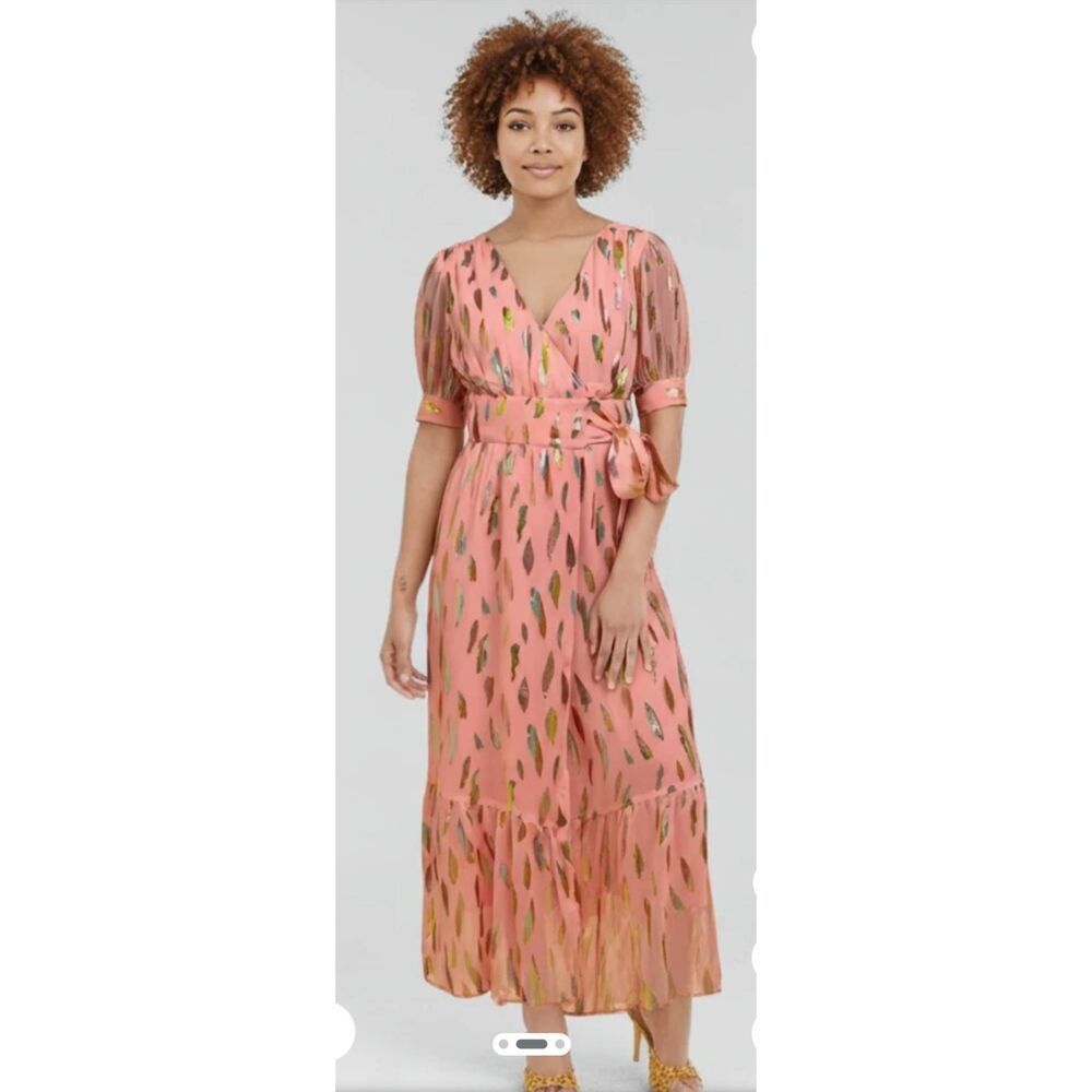 CIEBON Whitney Metalllic Eyelash Chiffon V-Neck Wrap Dress in Dusty Pink, NWT, L